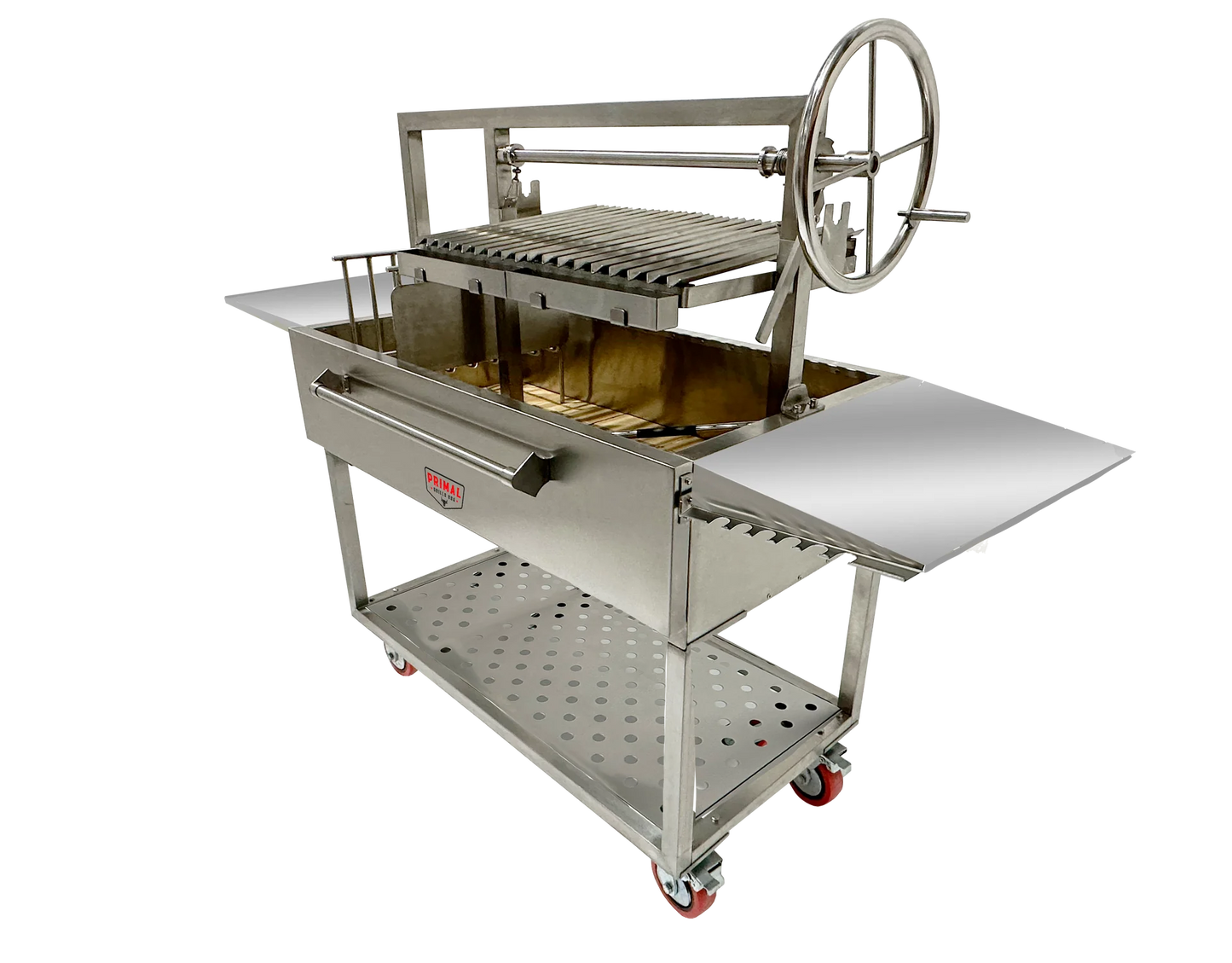 Detailed view of the 48 Inch Live Fire Grill's 8-inch swivel and stationary castors for enhanced mobility.