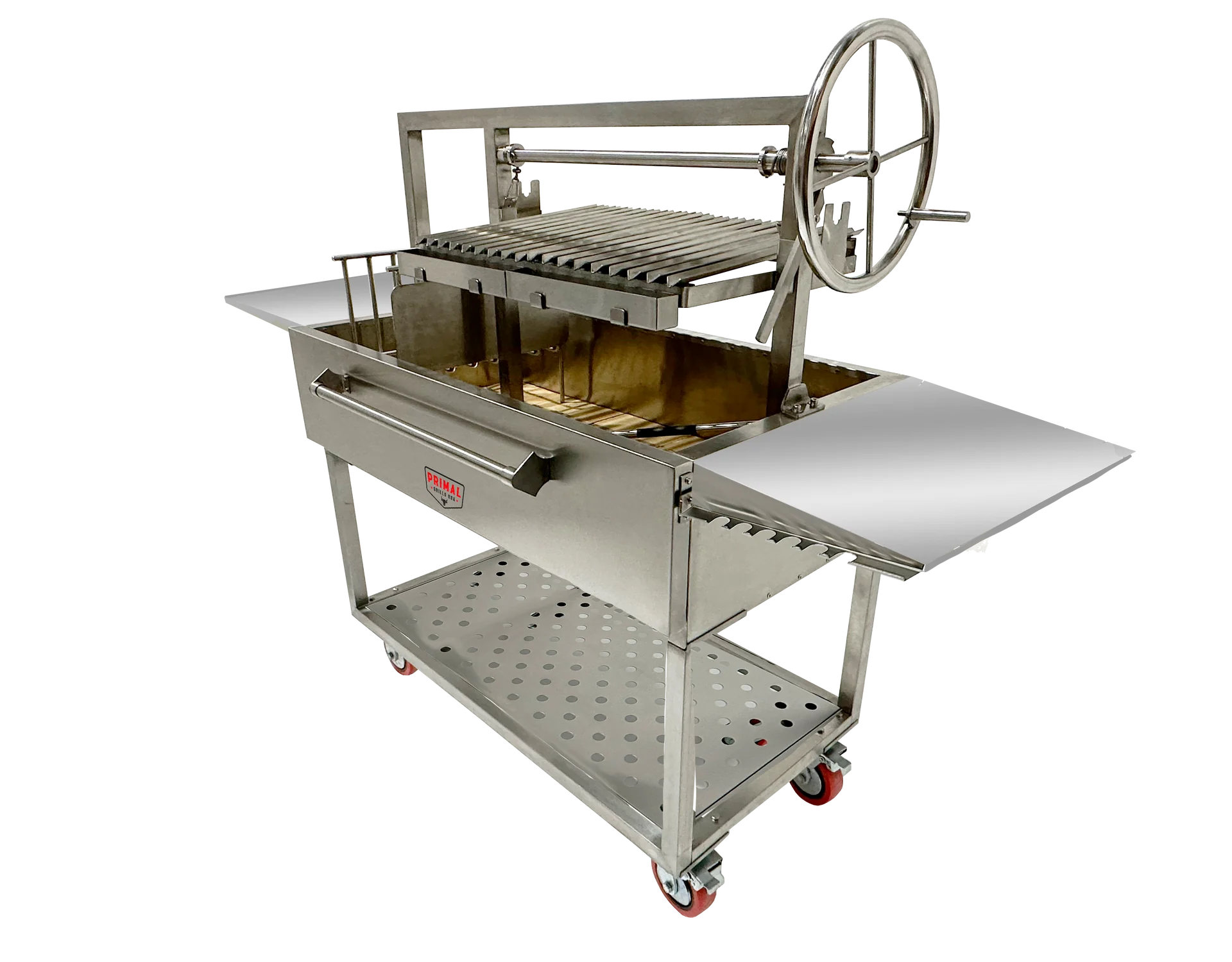 Detailed view of the 48 Inch Live Fire Grill's 8-inch swivel and stationary castors for enhanced mobility.