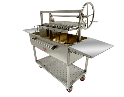 Detailed view of the 48 Inch Live Fire Grill's 8-inch swivel and stationary castors for enhanced mobility.