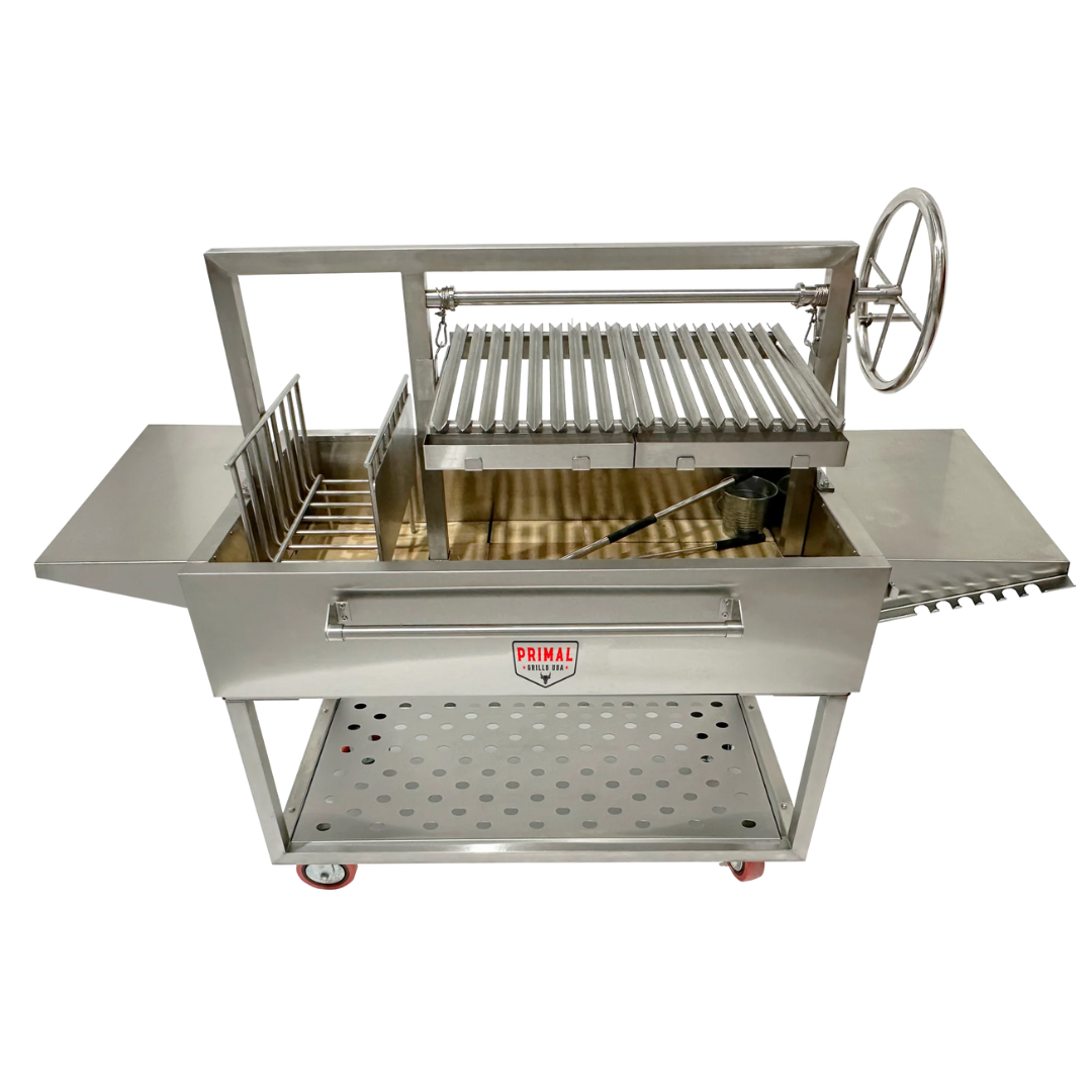 48 Inch Live Fire Grill full setup showing large side tables and robust tube legs