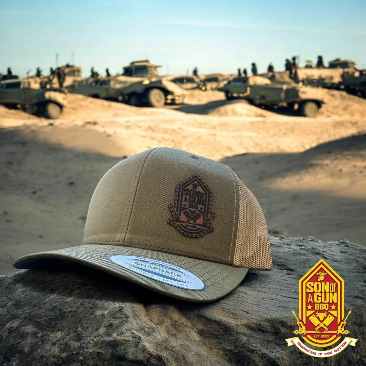 Tactical Trucker Cap in Desert Tan with adjustable snapback and Son of a Gun BBQ logo