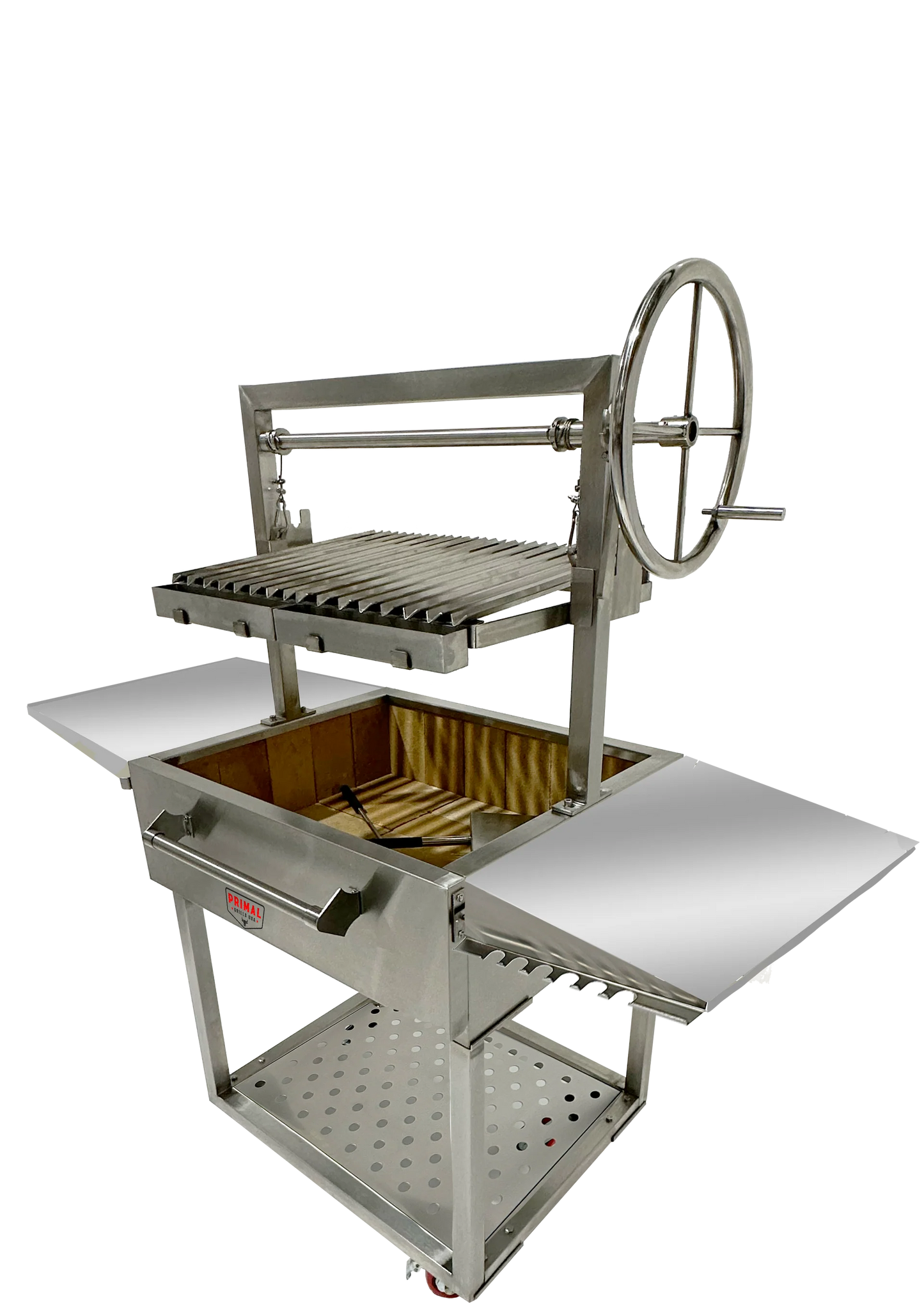 Detailed view of the Live Fire Grill's heavy-duty swivel castors for easy mobility.