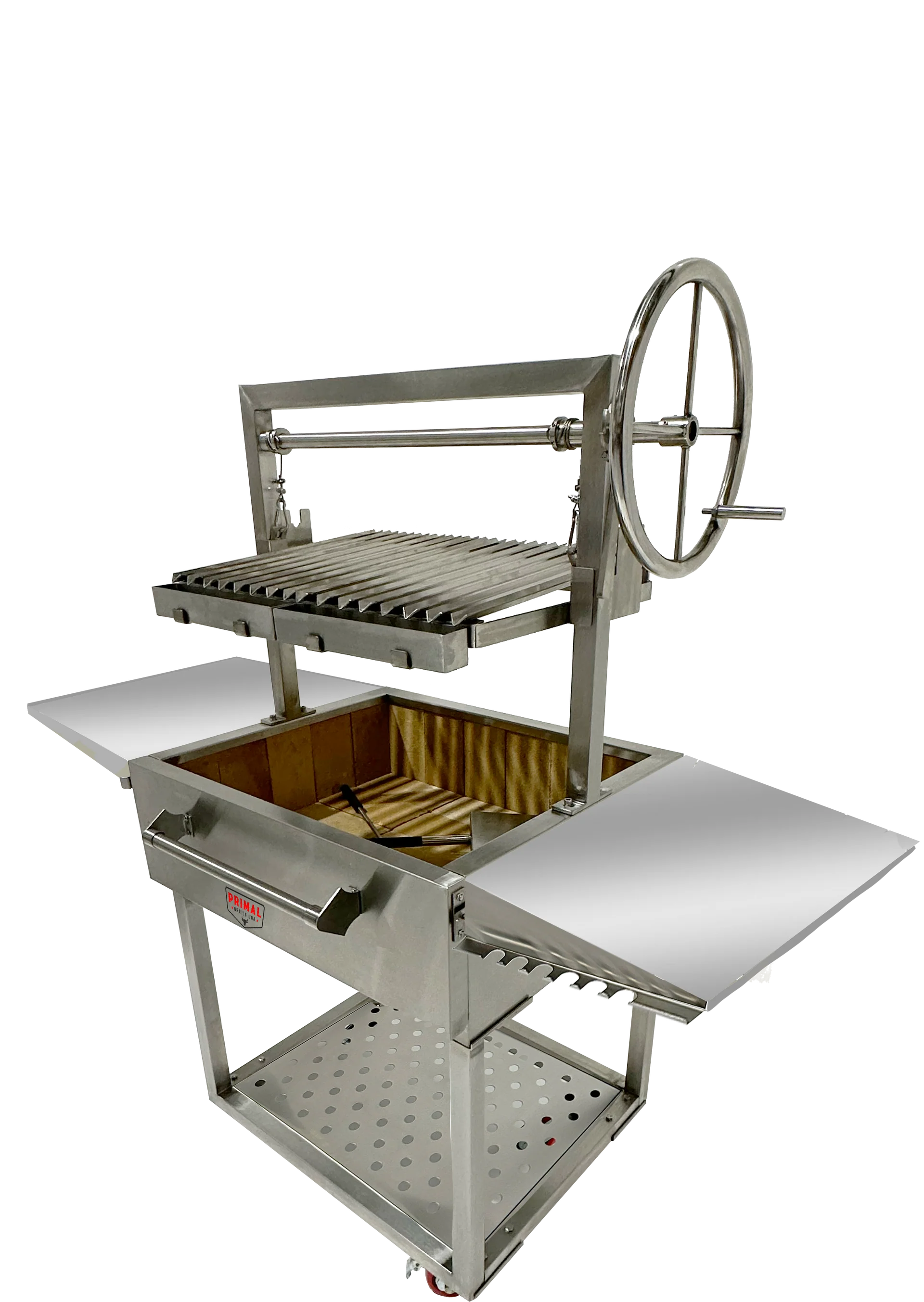 Detailed view of the Live Fire Grill's heavy-duty swivel castors for easy mobility.