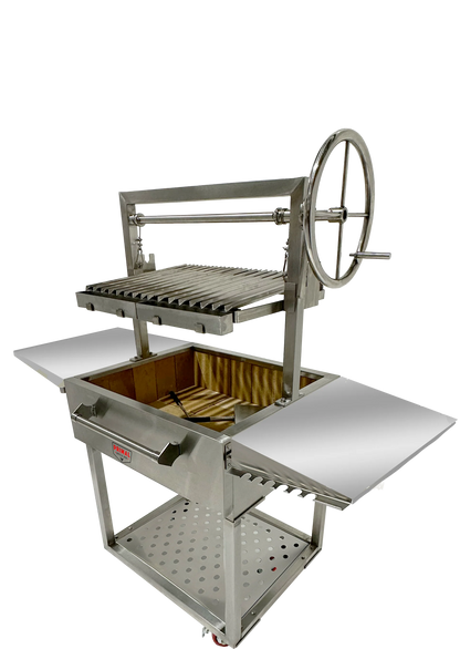 Detailed view of the Live Fire Grill's heavy-duty swivel castors for easy mobility.