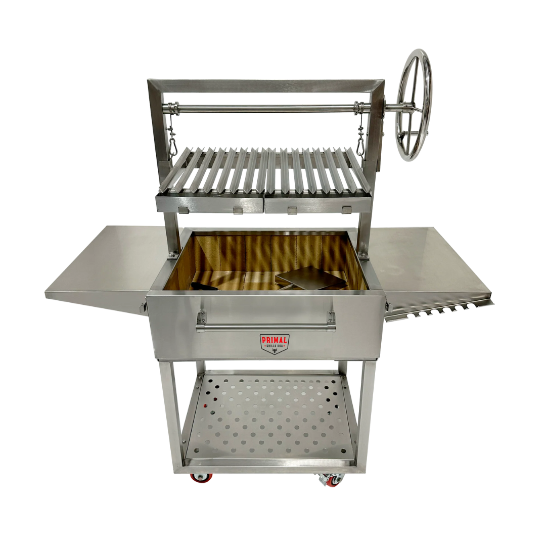 32-inch Live Fire Grill model showing full view with stainless steel finish and side tables.